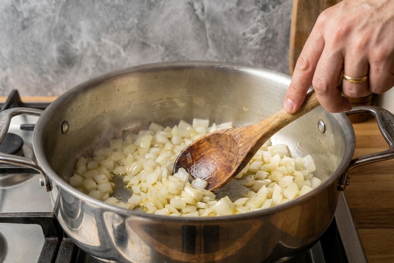 Diced onions softening in a large pot on a stovetop, stirred with a wooden spoon under warm kitchen lighting