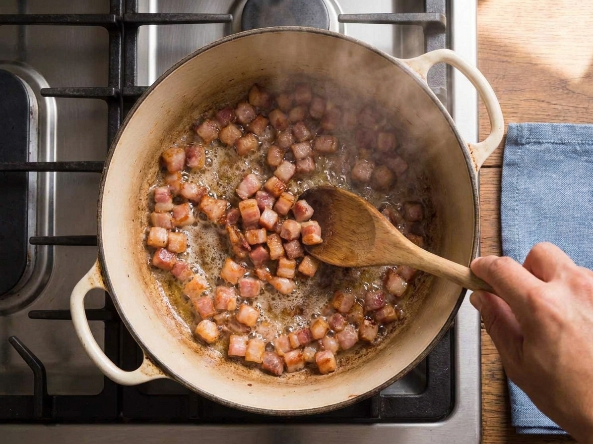 Diced pancetta sizzling and rendering fat in a Dutch oven on a stovetop