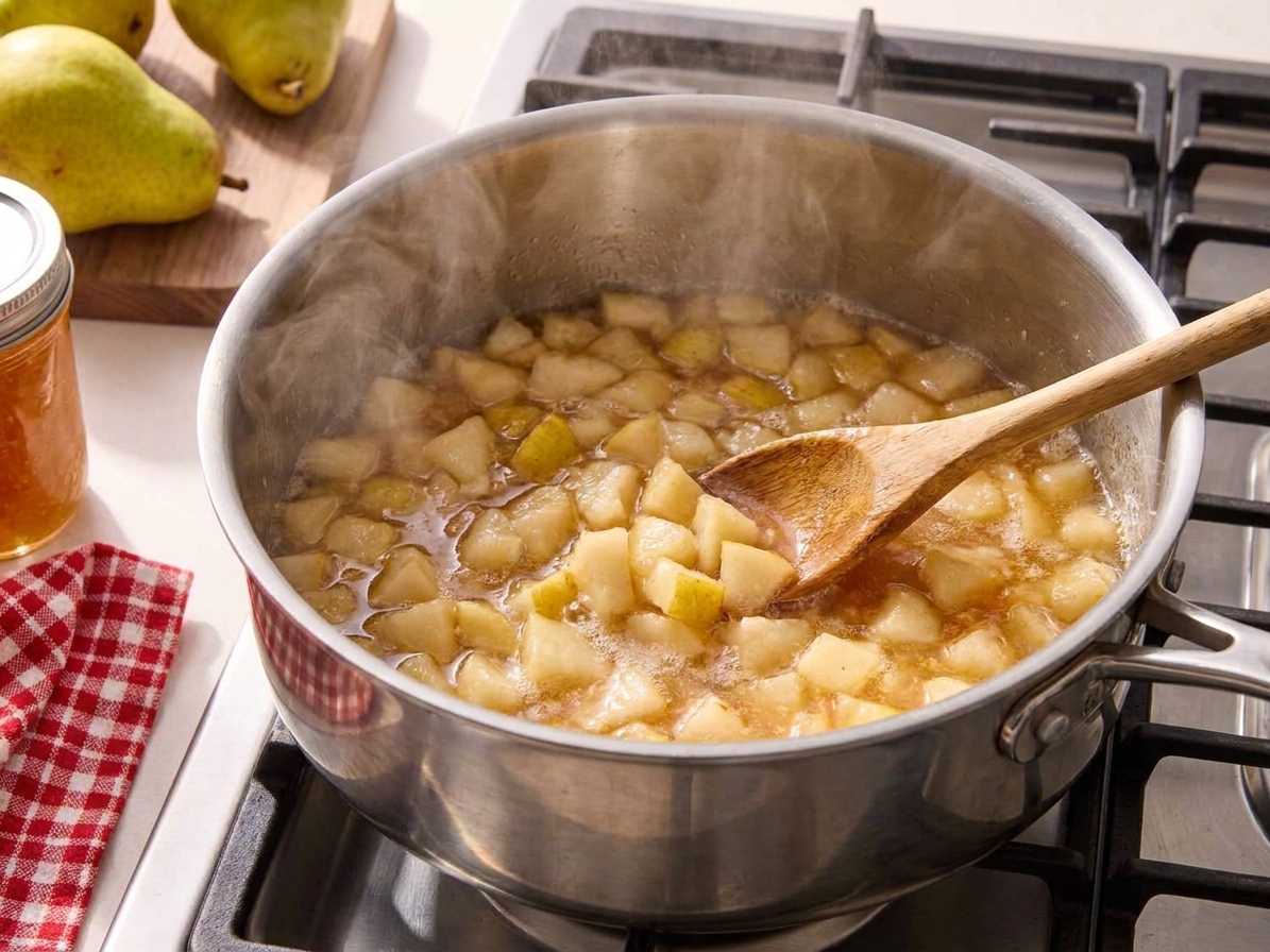 Diced pears gently simmering in a wide stainless steel pot on a stovetop, steam rising