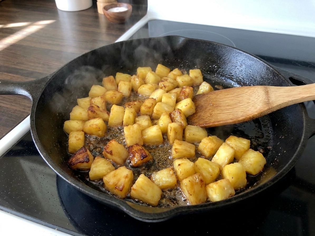 Diced pineapple caramelizing in a hot cast iron skillet on a stovetop