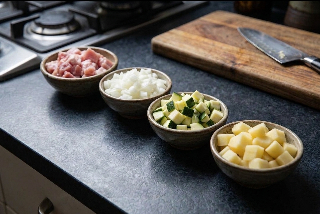Diced pork and chopped vegetables including onion, zucchini, and potato arranged in small bowls on a kitchen counter