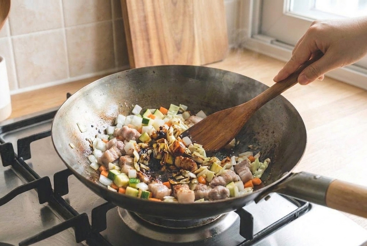 Diced pork and chopped vegetables sautéing in a skillet with a wooden spoon stirring