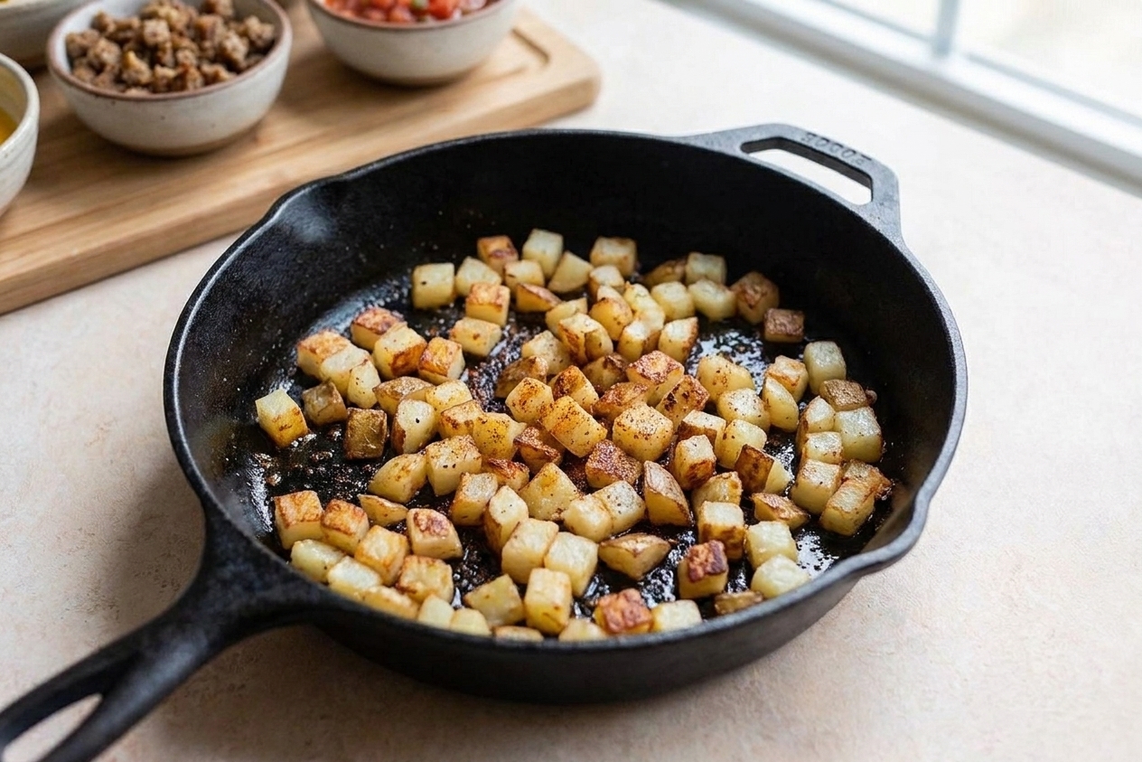 Diced potatoes browning in a skillet with crisp golden edges on a home stove
