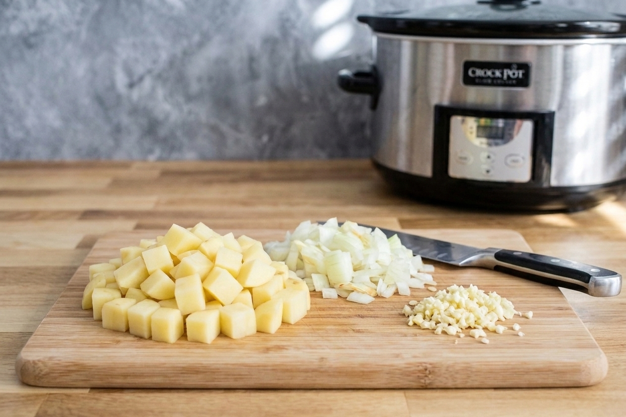 Diced potatoes, chopped onion, and minced garlic on a cutting board on a bright kitchen counter