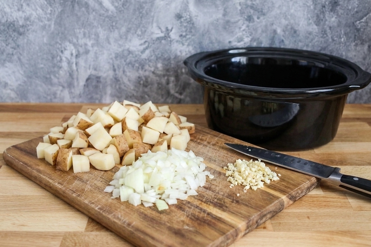 Diced potatoes, chopped onion, and minced garlic on a cutting board beside a slow cooker insert