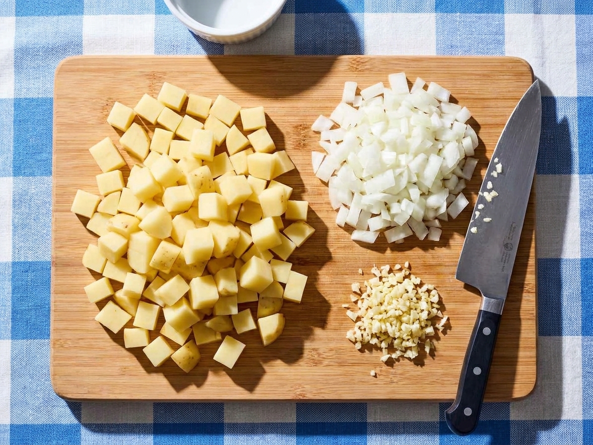 Diced potatoes, chopped onion, and minced garlic prepped on a cutting board next to a chef’s knife
