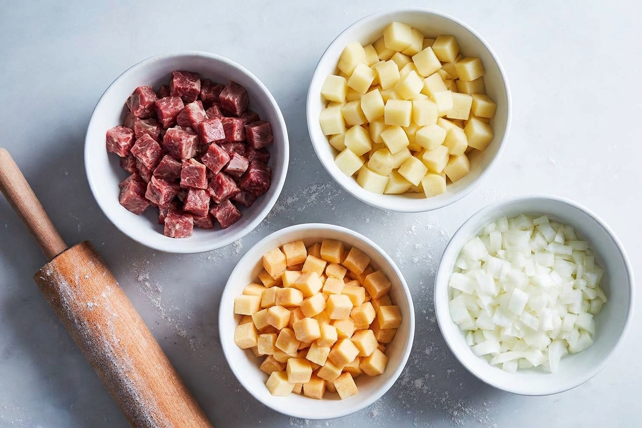 Diced raw beef, diced potatoes, diced rutabaga, and chopped onion in separate bowls on a kitchen counter