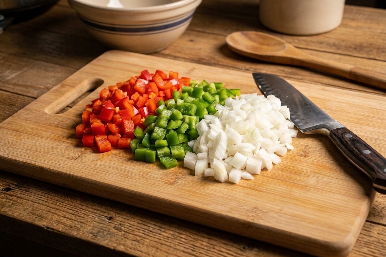 Diced red and green bell peppers and diced onion on a cutting board beside a chef’s knife