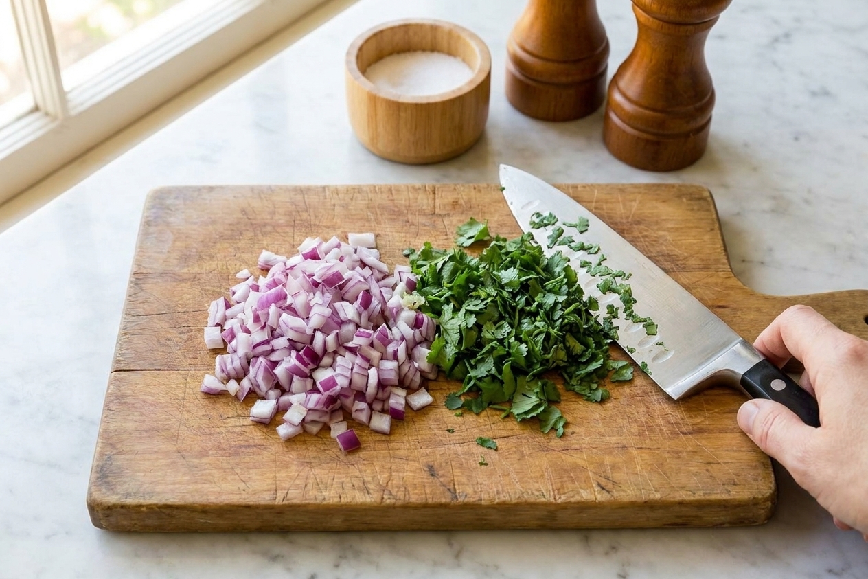 Diced red onion and chopped cilantro on a wooden cutting board with a chef’s knife in a bright home kitchen