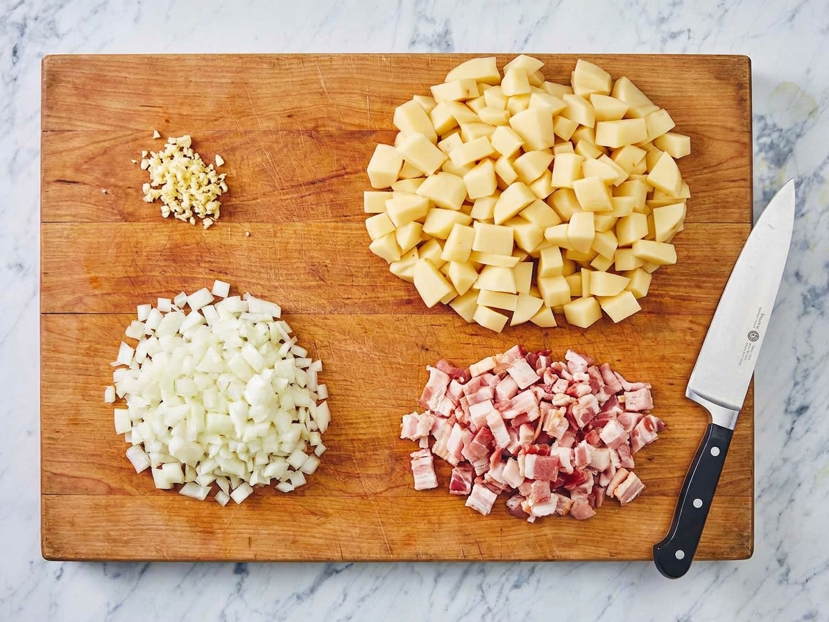Diced russet potatoes, chopped onion, minced garlic, and chopped bacon prepped on a wooden cutting board