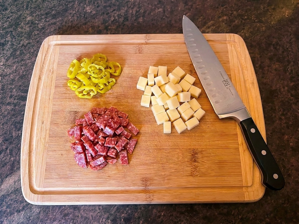 Diced salami, cubed provolone, and sliced pepperoncini in small piles on a cutting board with a chef’s knife