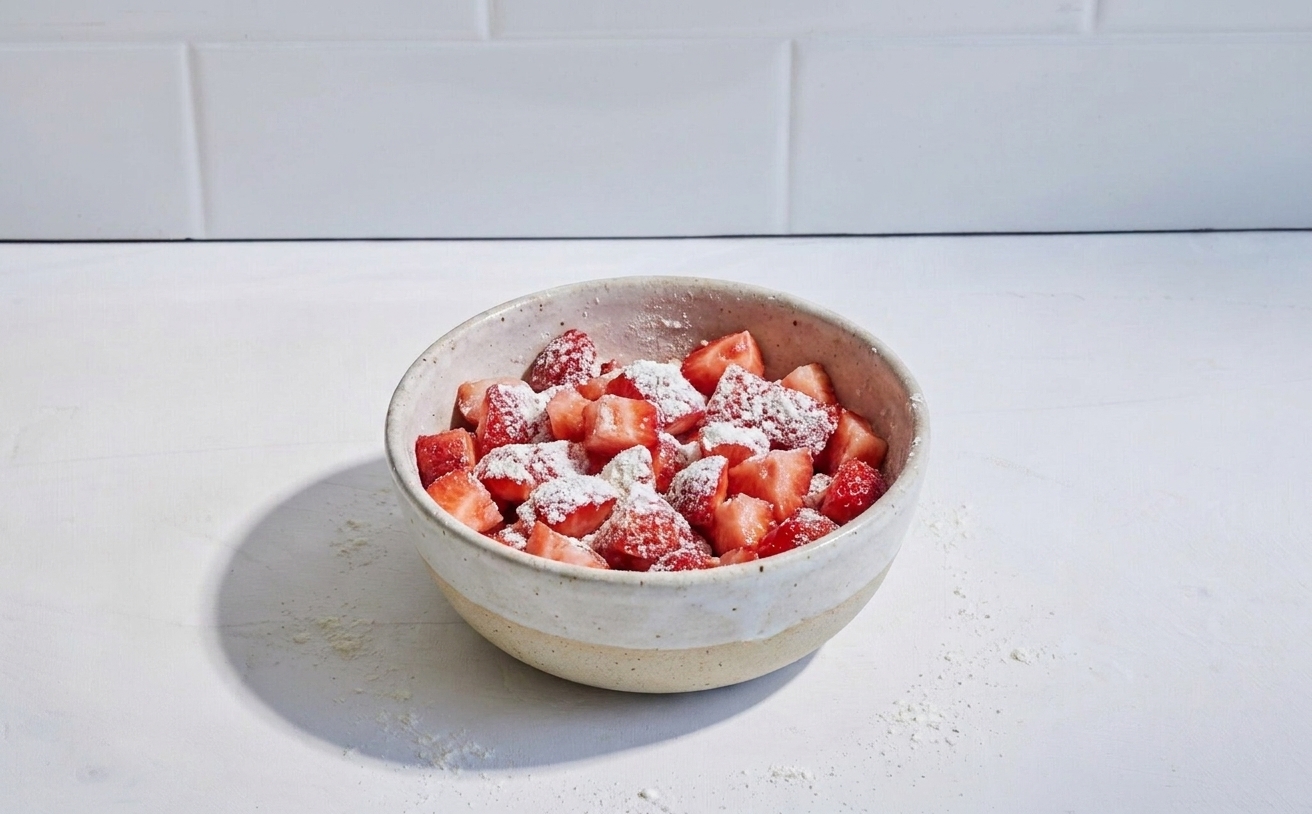 Diced strawberries lightly coated in flour in a small bowl on a kitchen counter