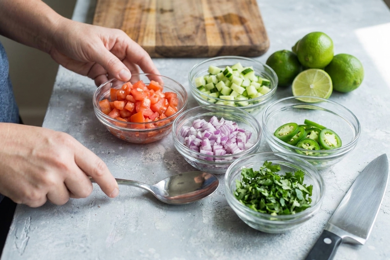 Diced tomato, cucumber, red onion, jalapeño, and chopped cilantro in small bowls ready to mix for shrimp ceviche on a kitchen counter
