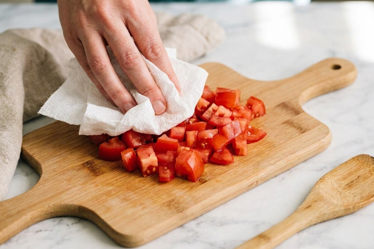 Diced tomatoes on a cutting board with paper towels nearby for blotting excess moisture