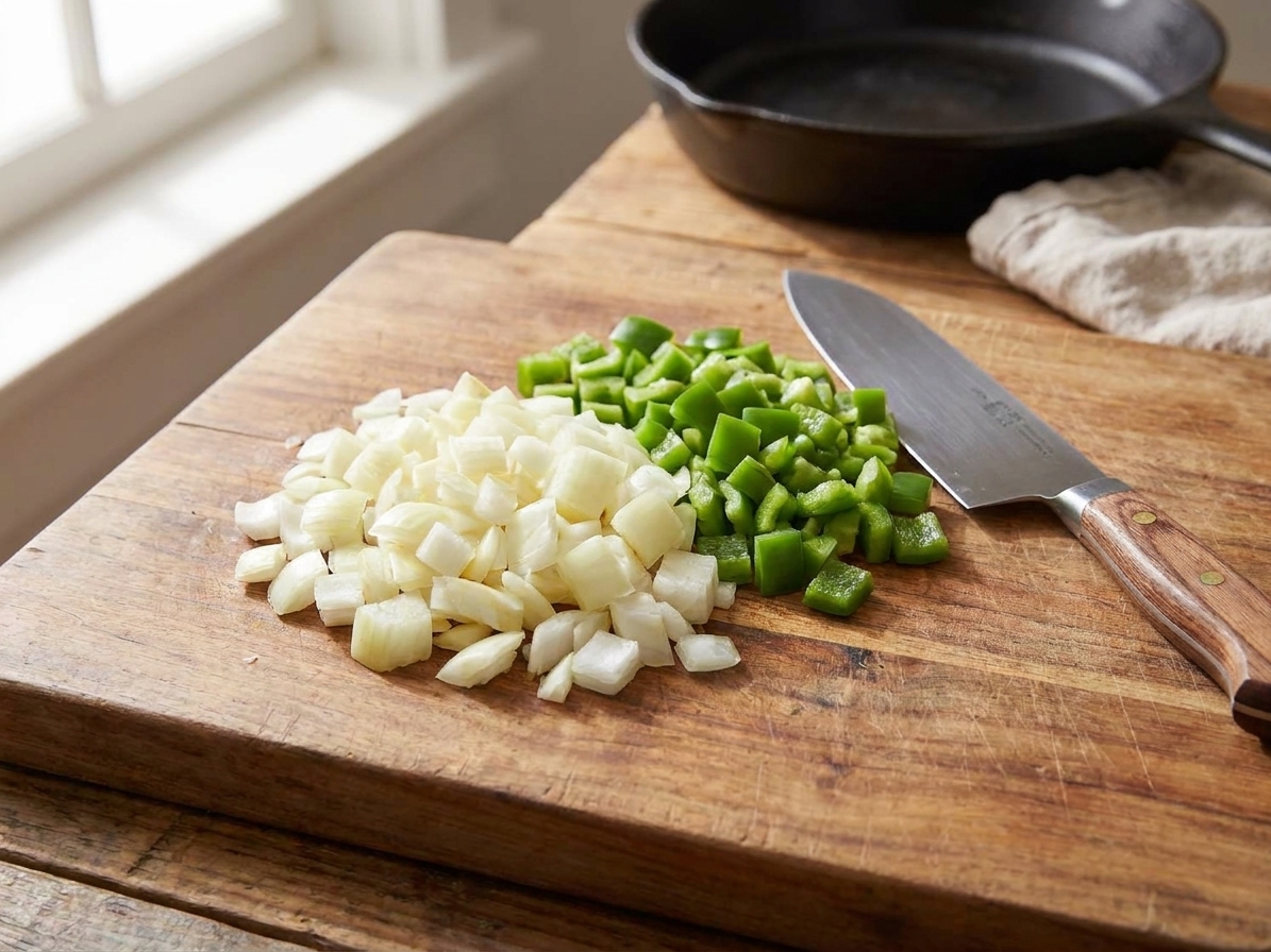 Diced yellow onion and green bell pepper on a wooden cutting board with a chef’s knife beside them
