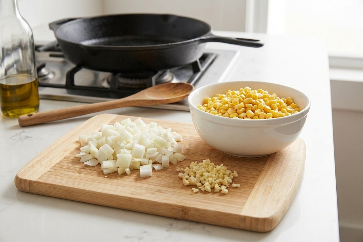 Diced yellow onion and minced garlic on a cutting board beside a bowl of corn kernels on a kitchen counter