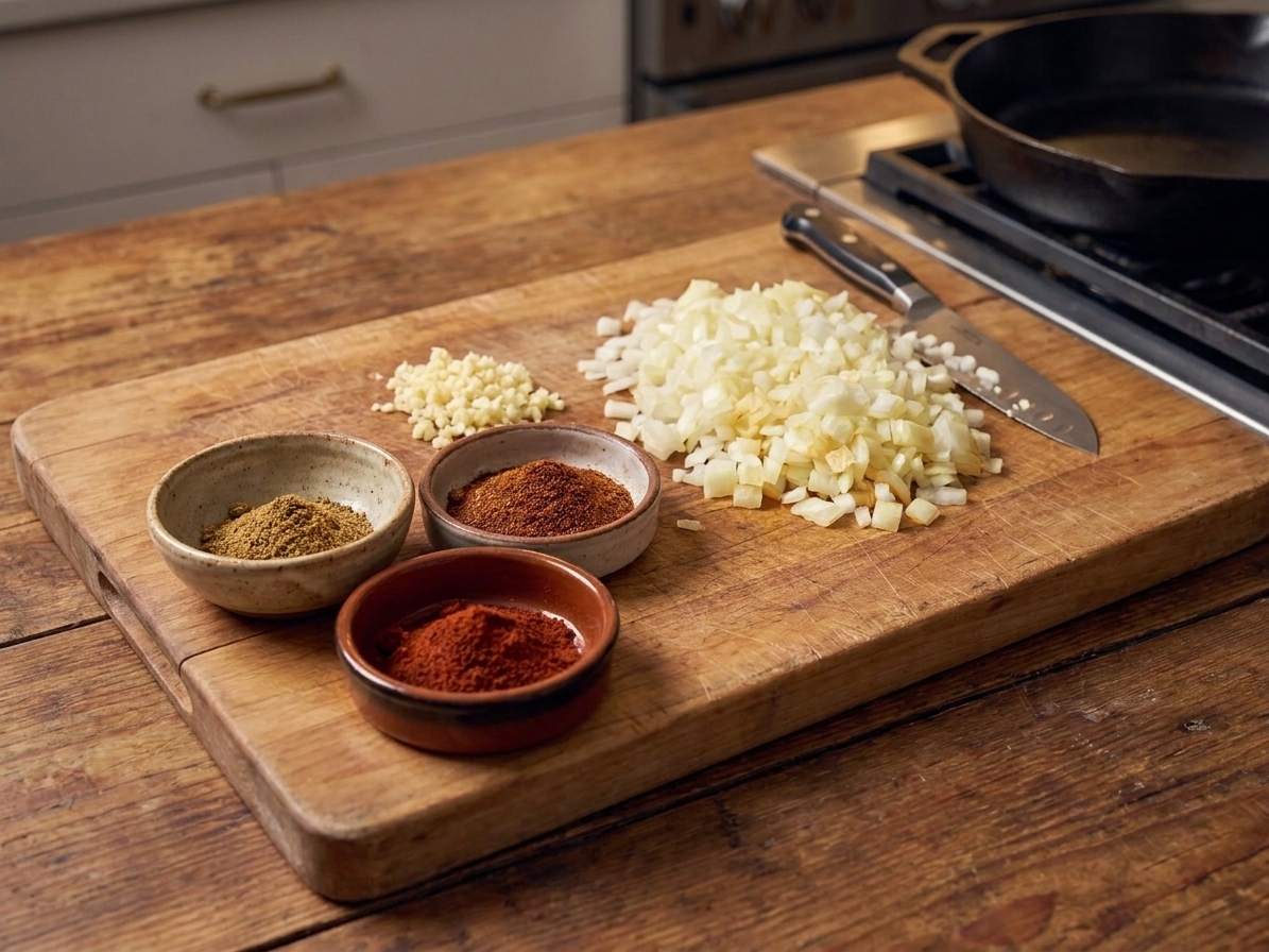 Diced yellow onion and minced garlic on a cutting board beside small bowls of cumin, chili powder, and smoked paprika