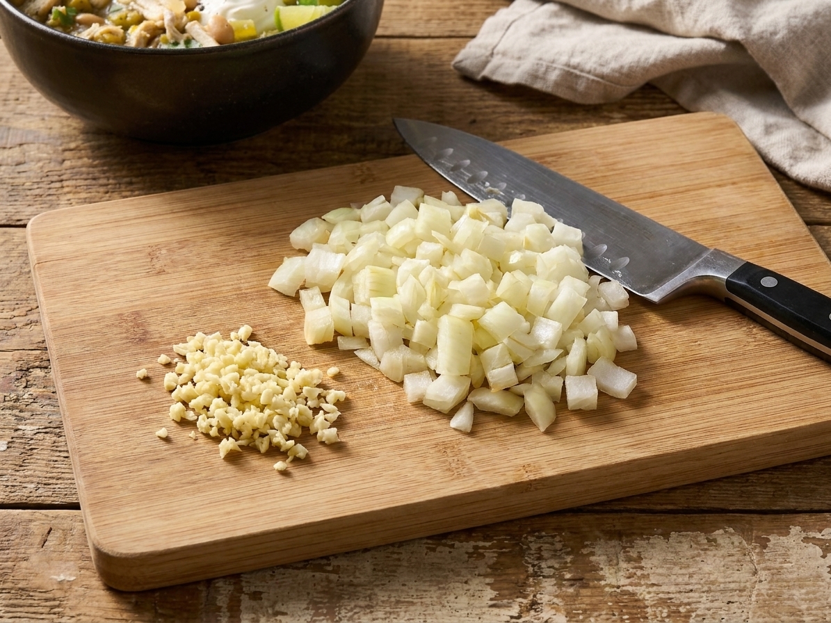 Diced yellow onion and minced garlic on a cutting board with a chef's knife, ready for cooking