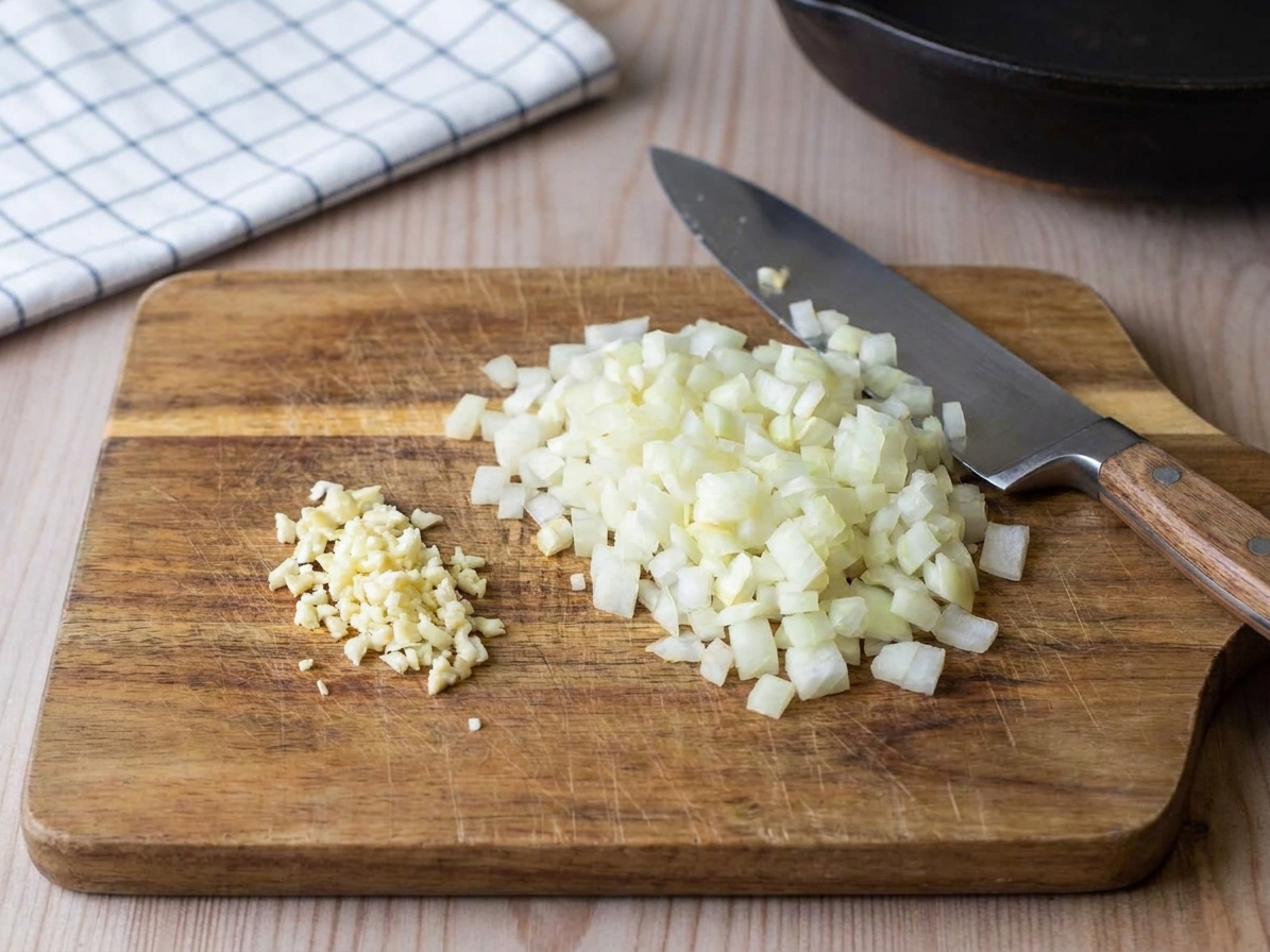 Diced yellow onion and minced garlic on a wooden cutting board beside a chef's knife