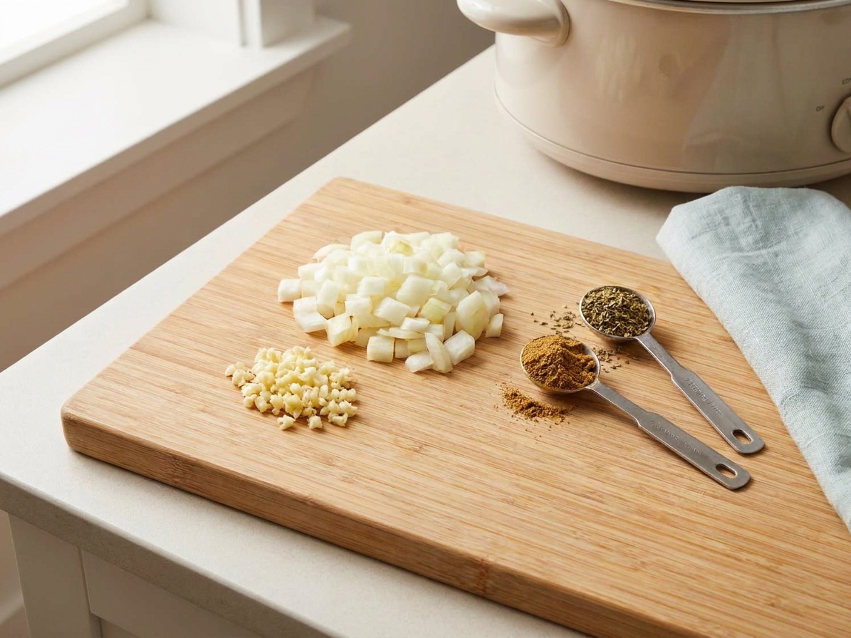 Diced yellow onion and minced garlic on a wooden cutting board beside measuring spoons of cumin and oregano in a bright home kitchen