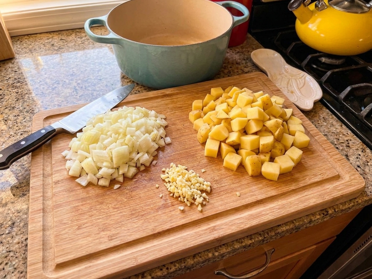 Diced yellow onion, minced garlic, and chopped Yukon Gold potatoes prepped on a cutting board on a home kitchen counter