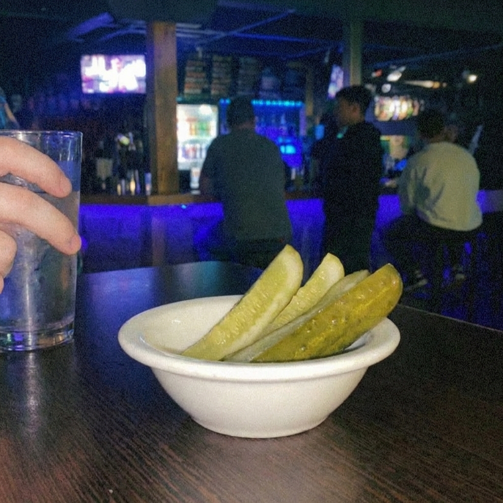 Dill pickle spears in a small dish