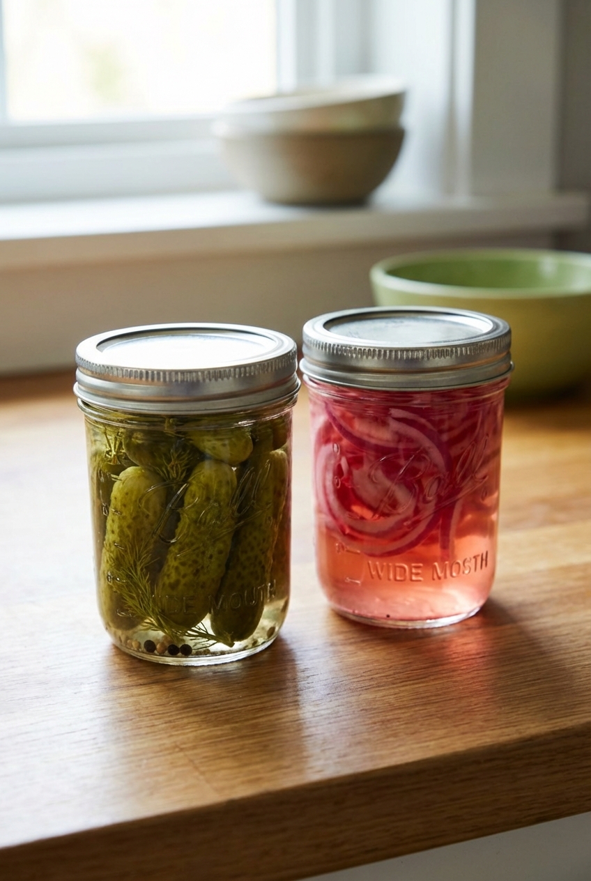 Dill pickles and pickled onions in small glass jars