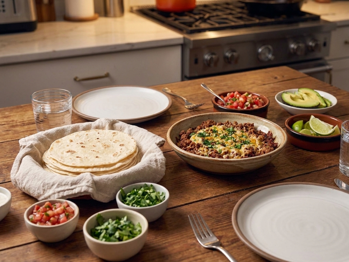 Dinner table with warm tortillas, a bowl of Mexican ground beef filling, and small bowls of salsa, avocado, cilantro, and lime wedges