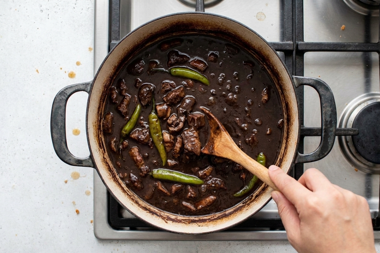 Dinuguan being gently stirred in a pot on the stovetop as the dark sauce turns glossy at a low simmer