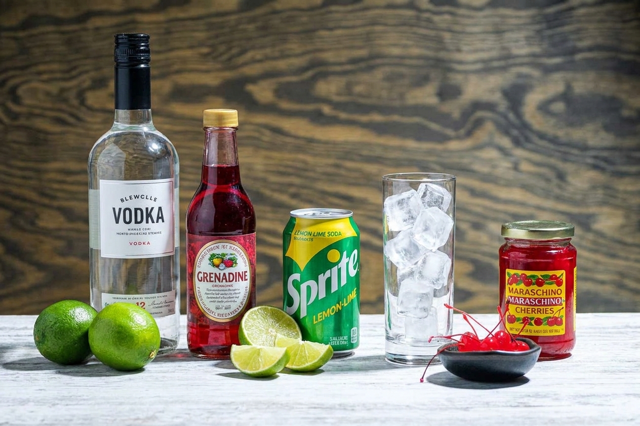 Dirty Shirley ingredients arranged on a kitchen counter: vodka, grenadine, limes, lemon-lime soda, maraschino cherries, and a glass of ice