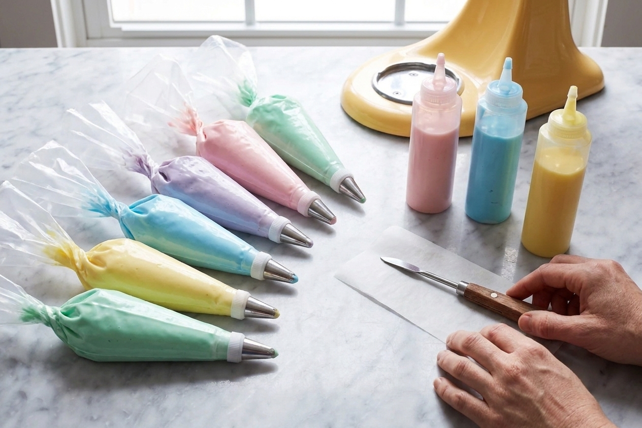 Disposable piping bags fitted with small round tips next to squeeze bottles and a scribe tool on a kitchen counter