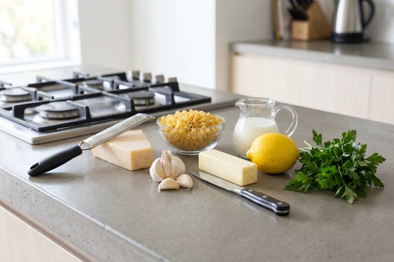 Ditalini pasta, Parmesan, garlic, butter, lemon, milk, and parsley arranged on a clean kitchen counter in bright natural light