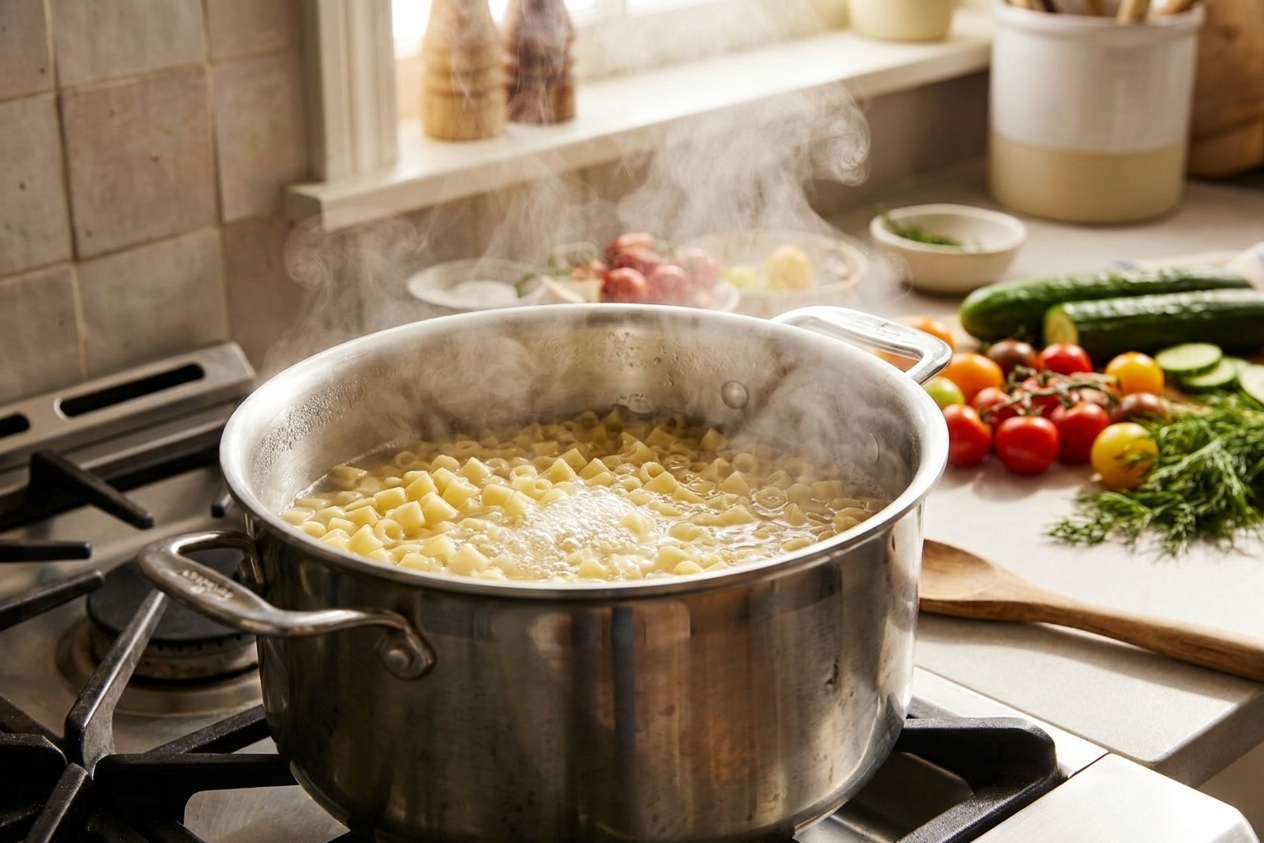 Ditalini pasta boiling in a large stainless steel pot on a home stove, steam rising in warm kitchen light