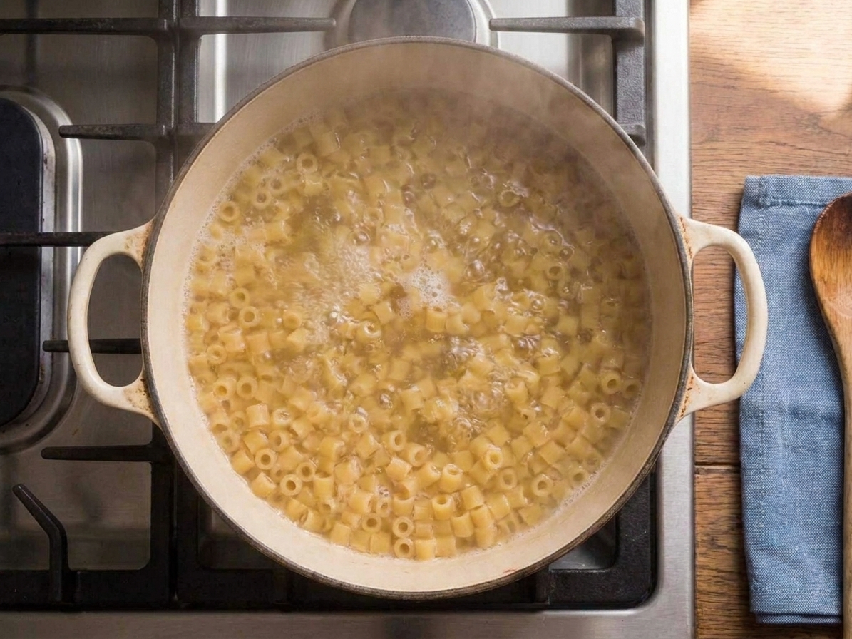 Ditalini pasta boiling in a pot of salted water on a stovetop