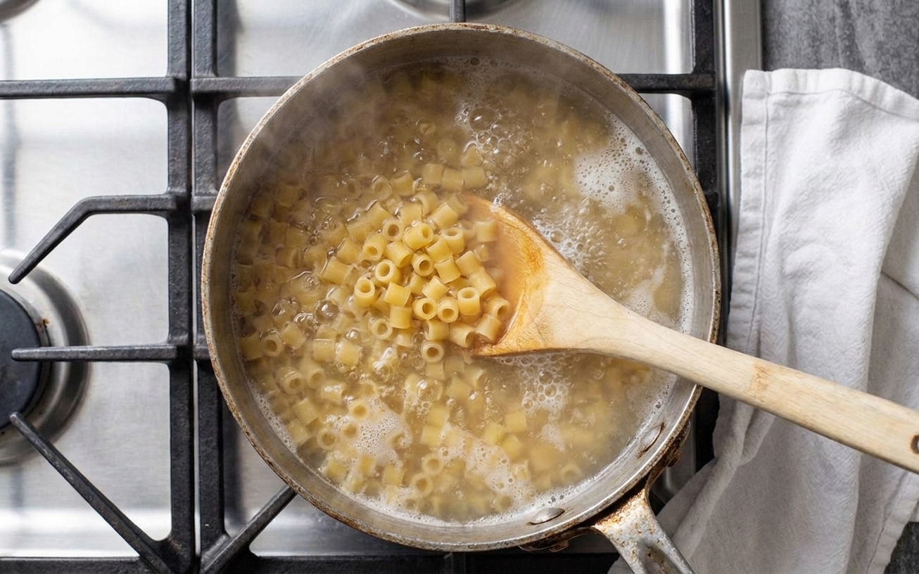 Ditalini pasta boiling in a small pot of salted water on a stovetop