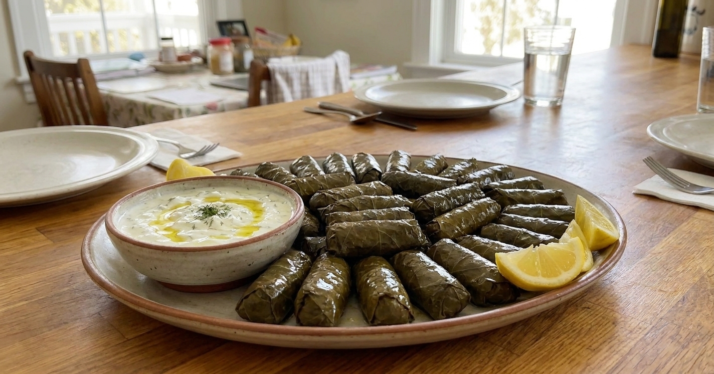 Dolmades arranged on a serving platter with a small bowl of tzatziki and lemon wedges on a dinner table