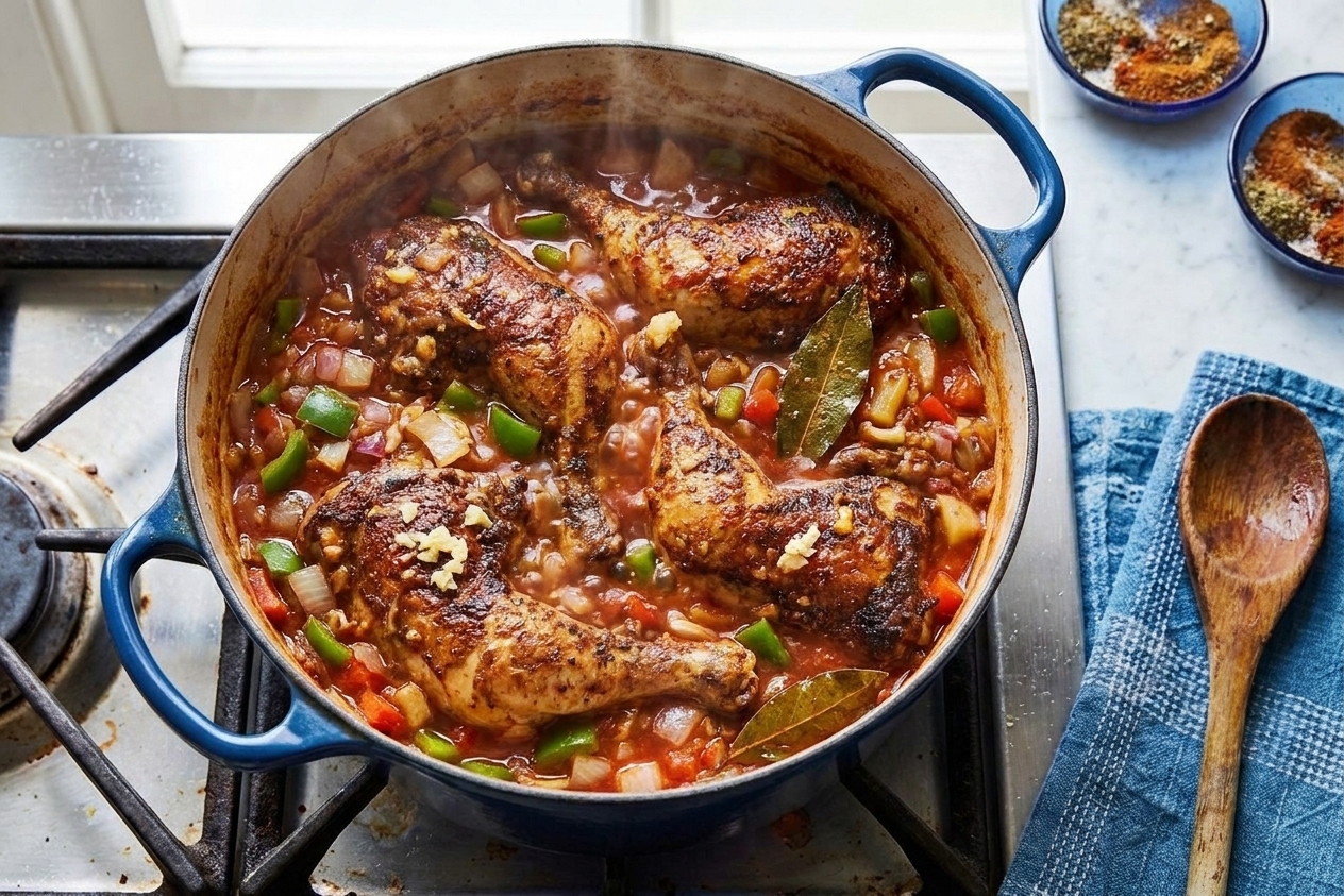 Dominican stewed chicken simmering in a pot with onion and peppers in a reddish-brown sauce on a home stovetop