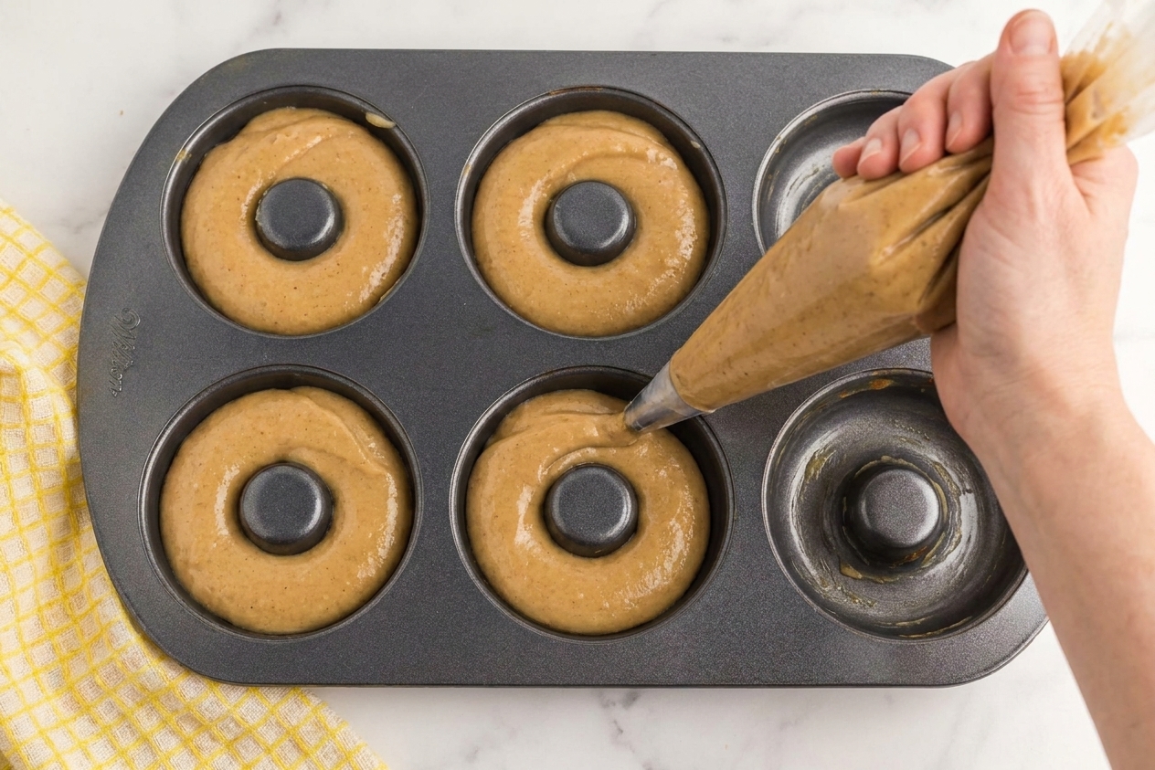 Donut batter being piped into a greased donut pan, filling each ring evenly