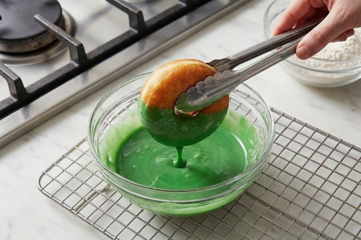 Donut being dipped into bright green glaze over a rack