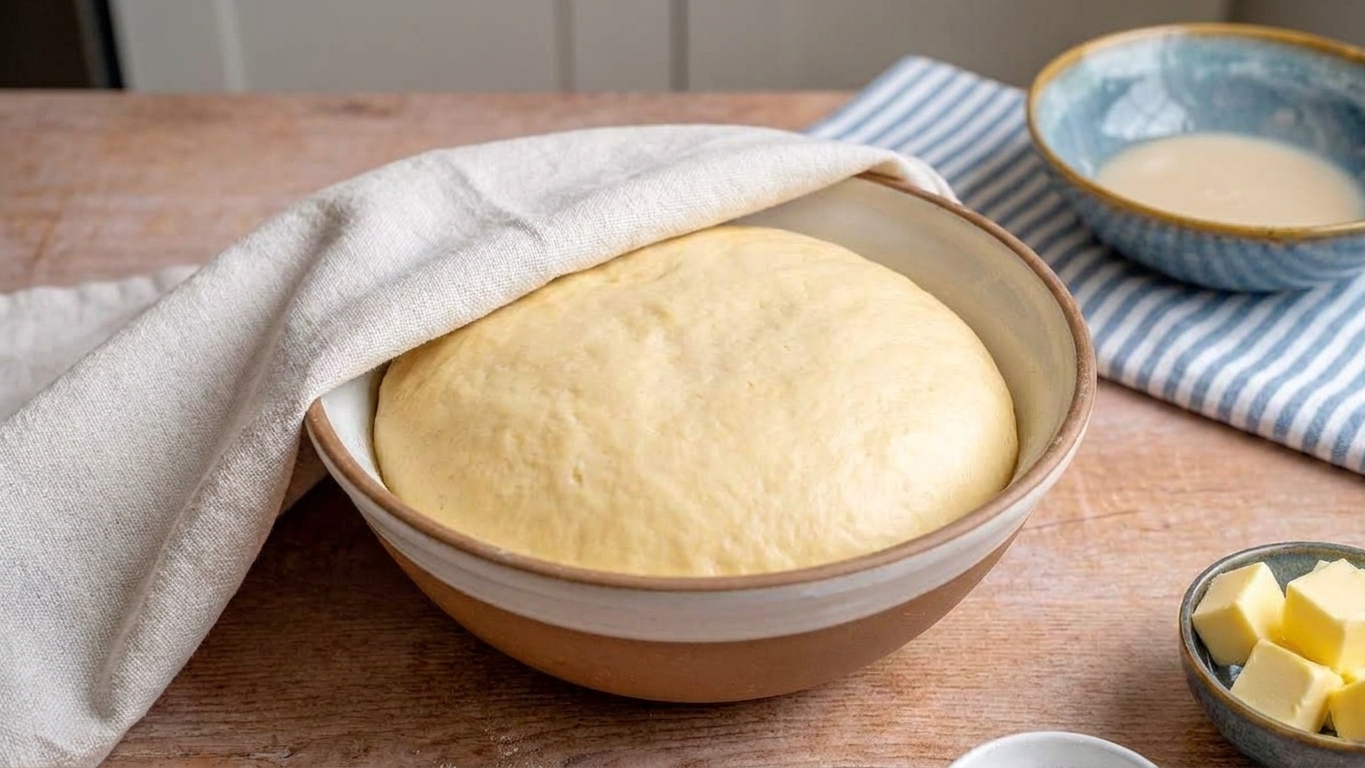 Donut dough rising in a bowl until doubled