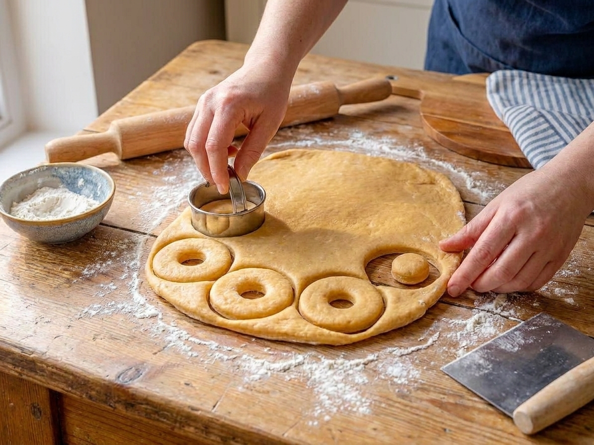 Donut dough rolled out on a floured countertop being cut into rings with a round cutter