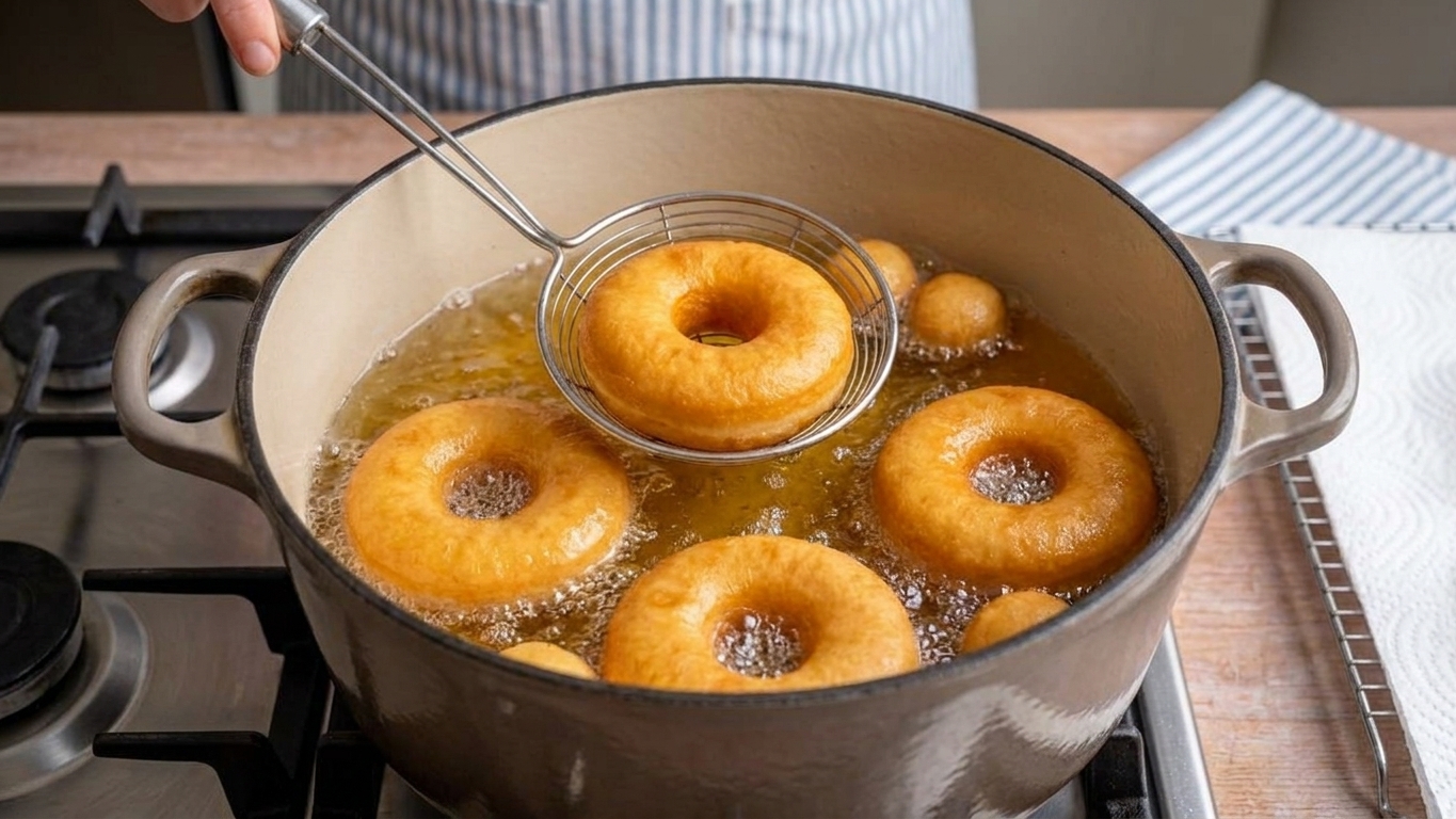 Donut rings frying in bubbling oil