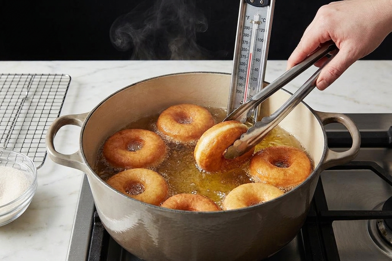 Donuts frying in hot oil with a thermometer clipped to the pot