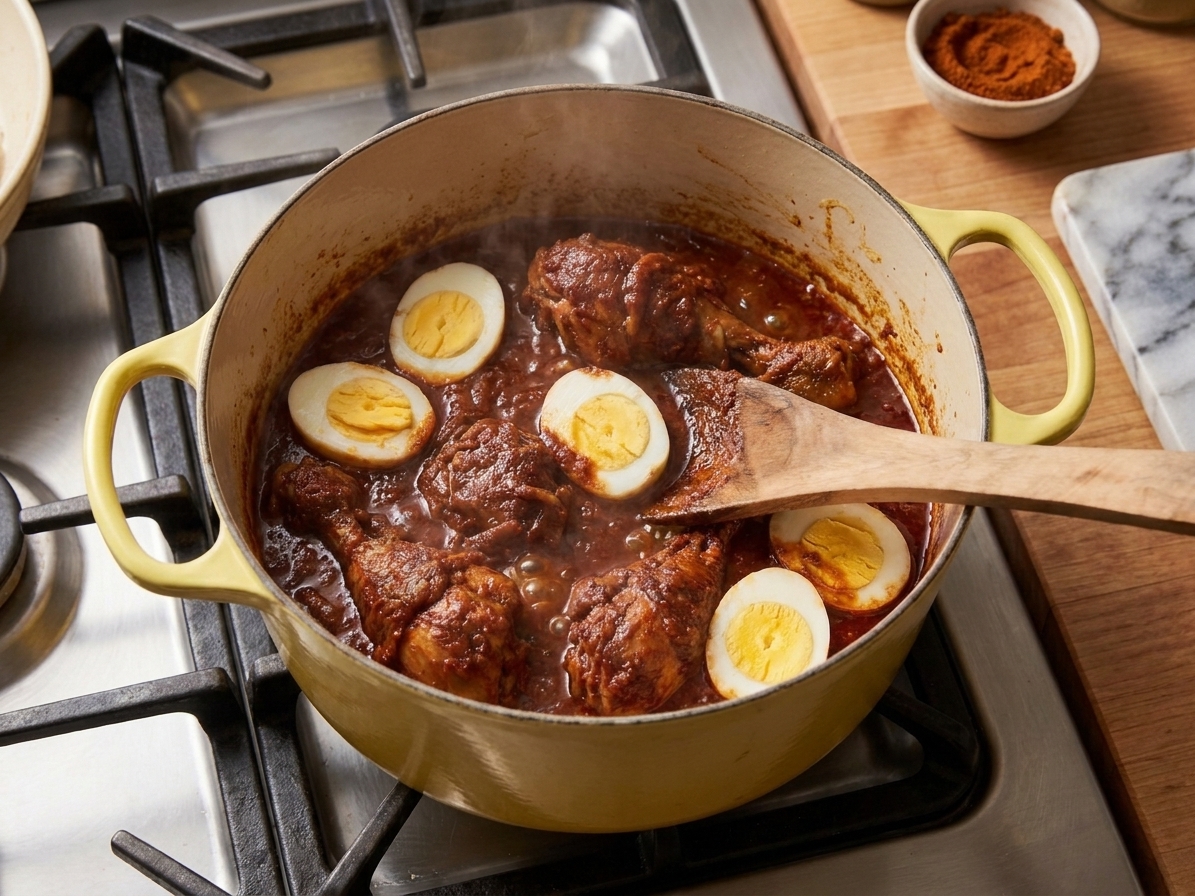 Doro wat simmering in a pot with hard-boiled eggs nestled in the deep red sauce