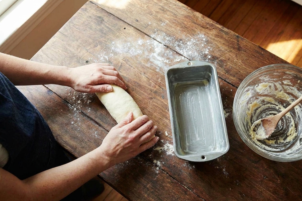 Dough being rolled into a tight loaf shape on a countertop next to a greased loaf pan