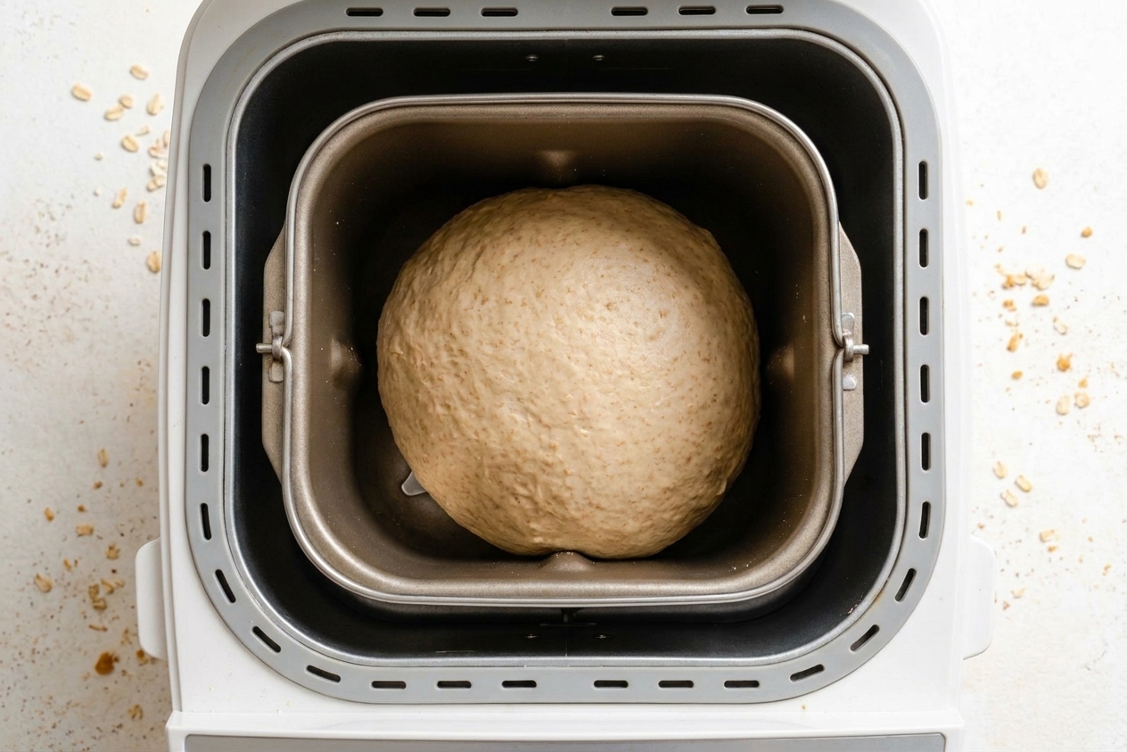 Dough forming into a smooth ball as it kneads in a bread maker pan, photographed from above with the lid open