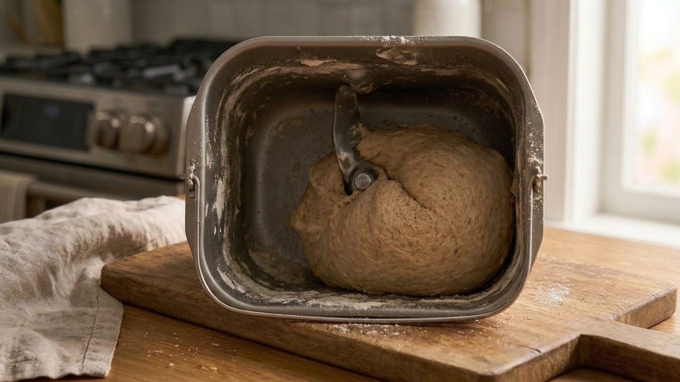 Dough kneading in a bread machine pan during the first mix, forming a soft ball with lightly tacky surface