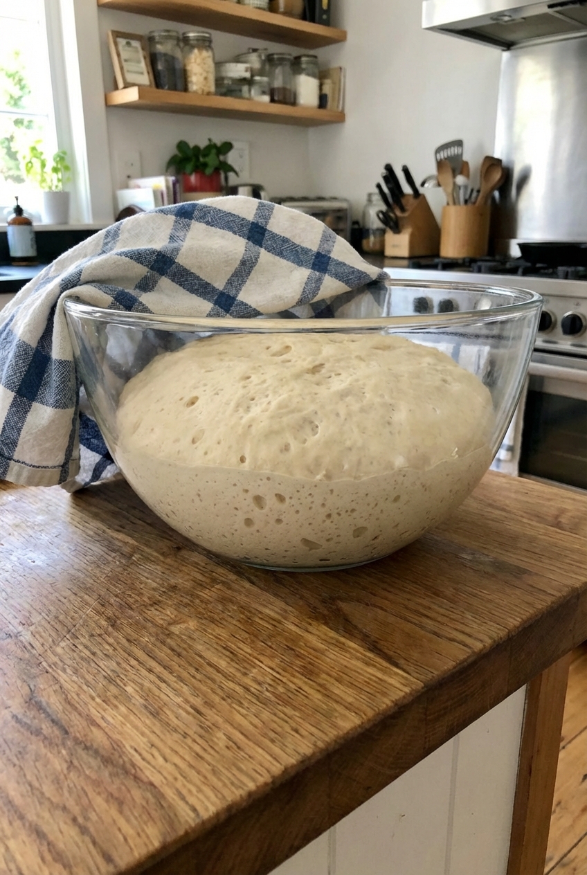 Dough rising in a glass bowl covered with a towel on a kitchen counter