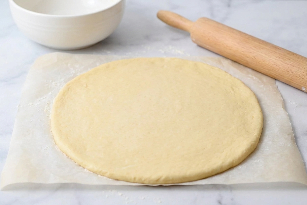 Dough rolled into a large circle on parchment paper with a rolling pin nearby