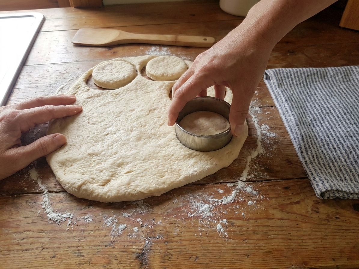 Dough rolled to medium thickness with rounds being cut out using a metal biscuit cutter